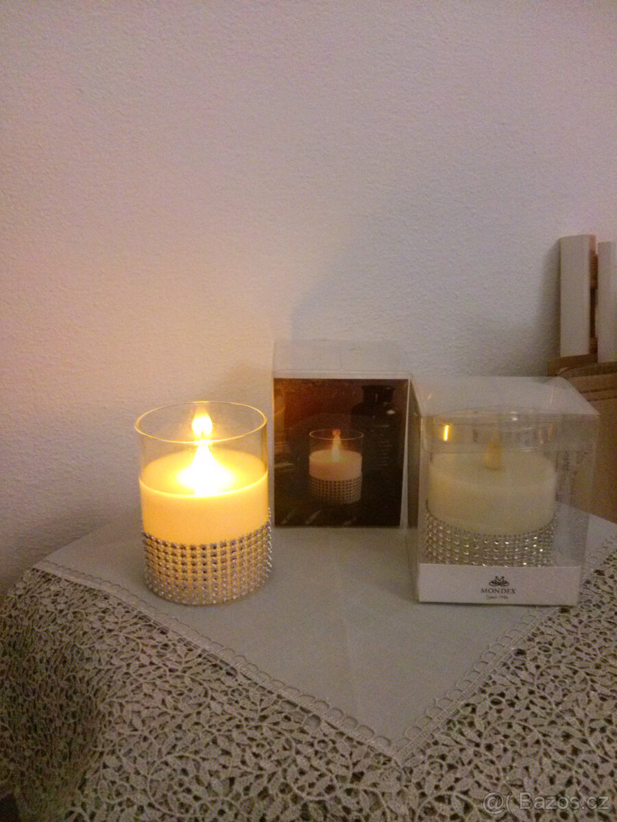 LED SKLENĚNE SVIČKY ZDOBENE ZIRKONY V OSMI ŘADACH - SADA - 4