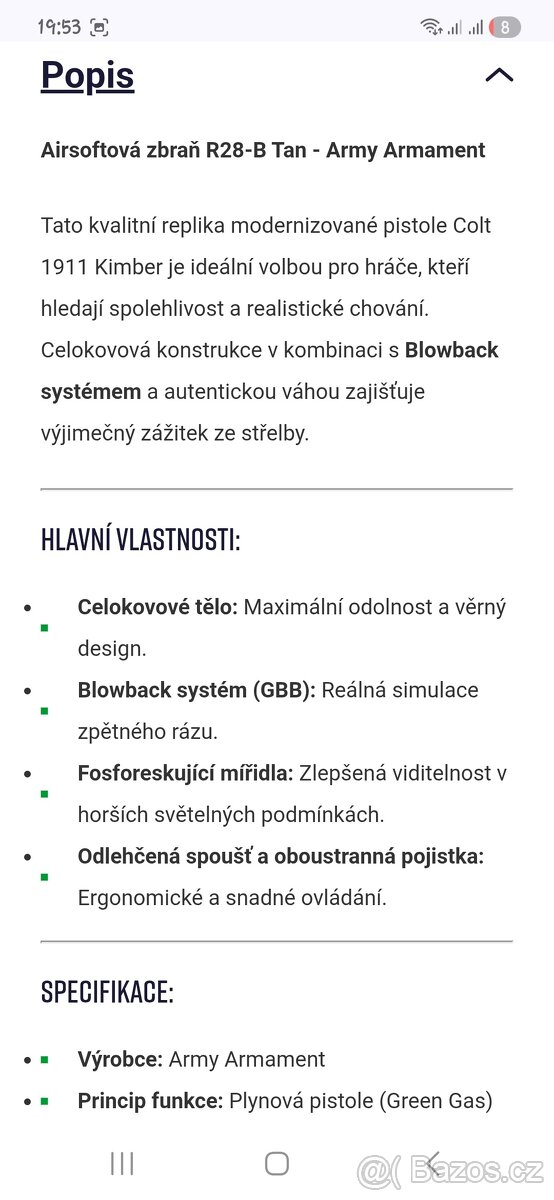 Airsoft R28-B Tan Colt 1911 celokov plyn - 4