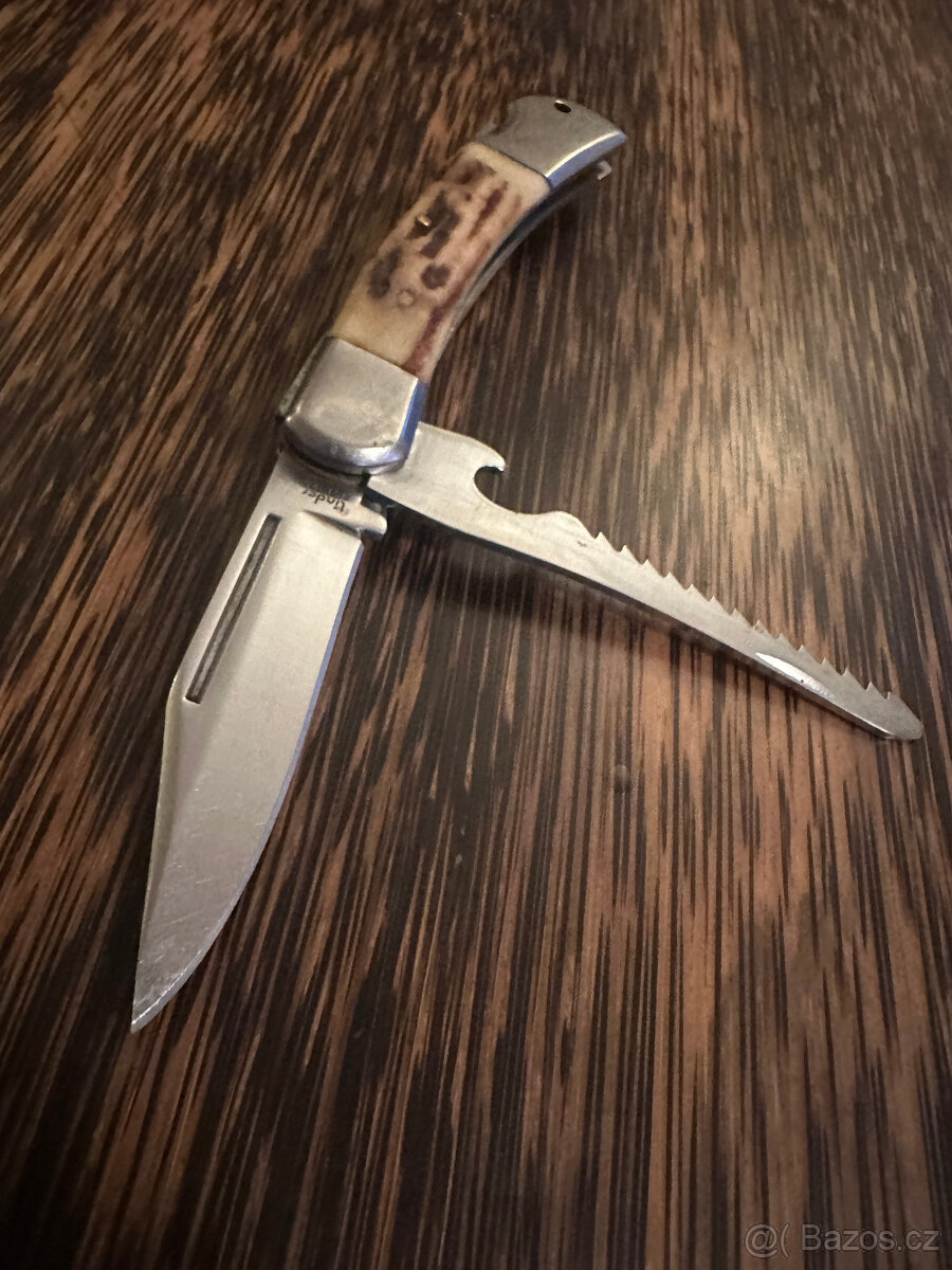 RETRO lovecný nůž z parohu s pilkou, značený - 4