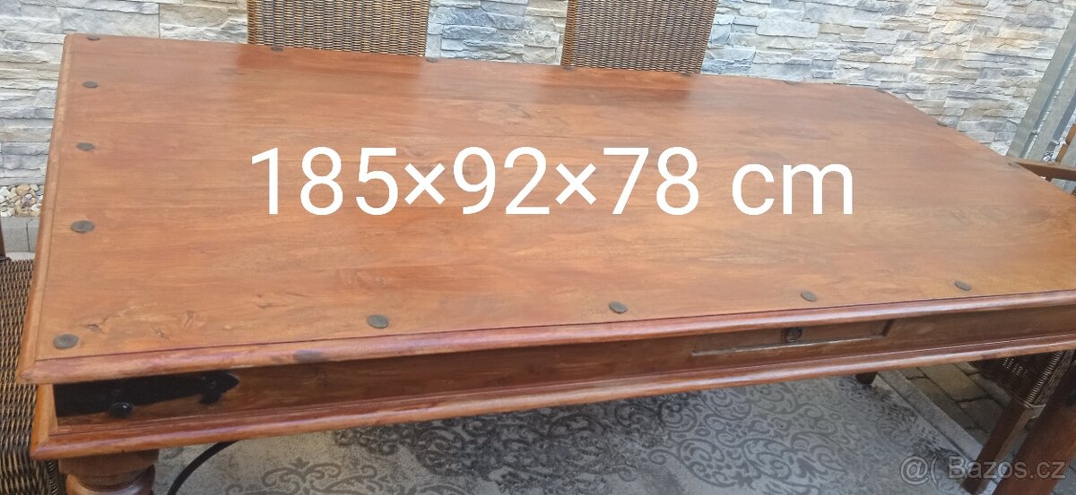 Jídelní masivní dřevěný stůl palisandr+6 ratanových židlí - 4
