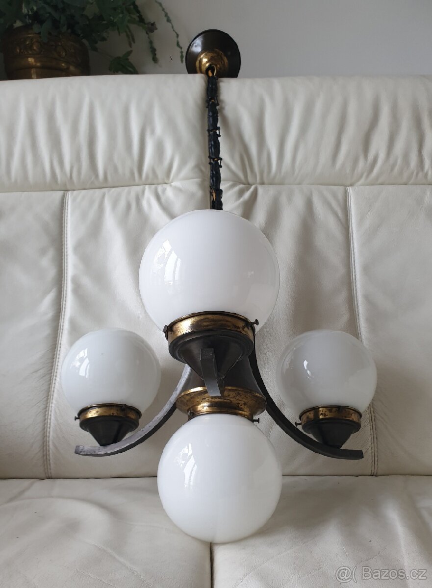 Starožitný lustr art deco na řetězu mosaz velký - 4