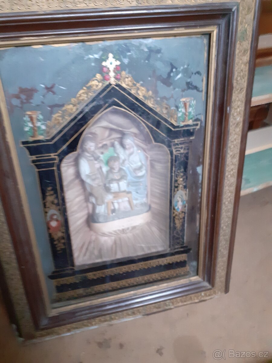 Starožitný hrací obraz, kaplička se soškou - 4