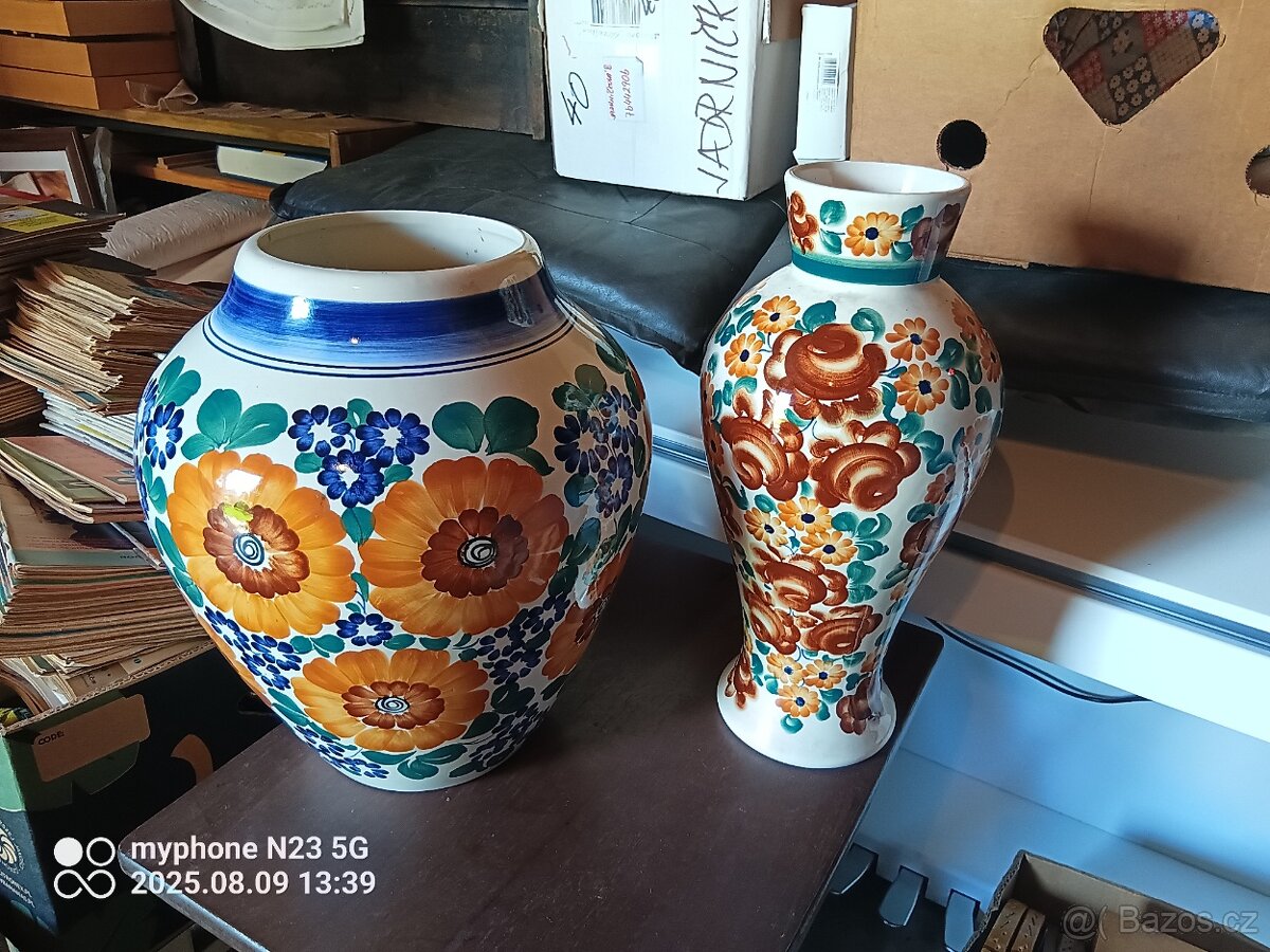 Staré keramické kovové porcelánové vázy malovane - 4