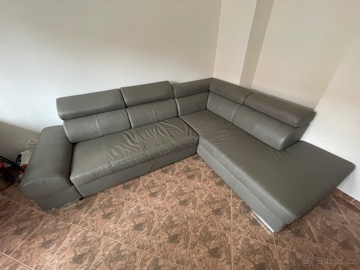 Kožený rohový šedozelený gauč - 4