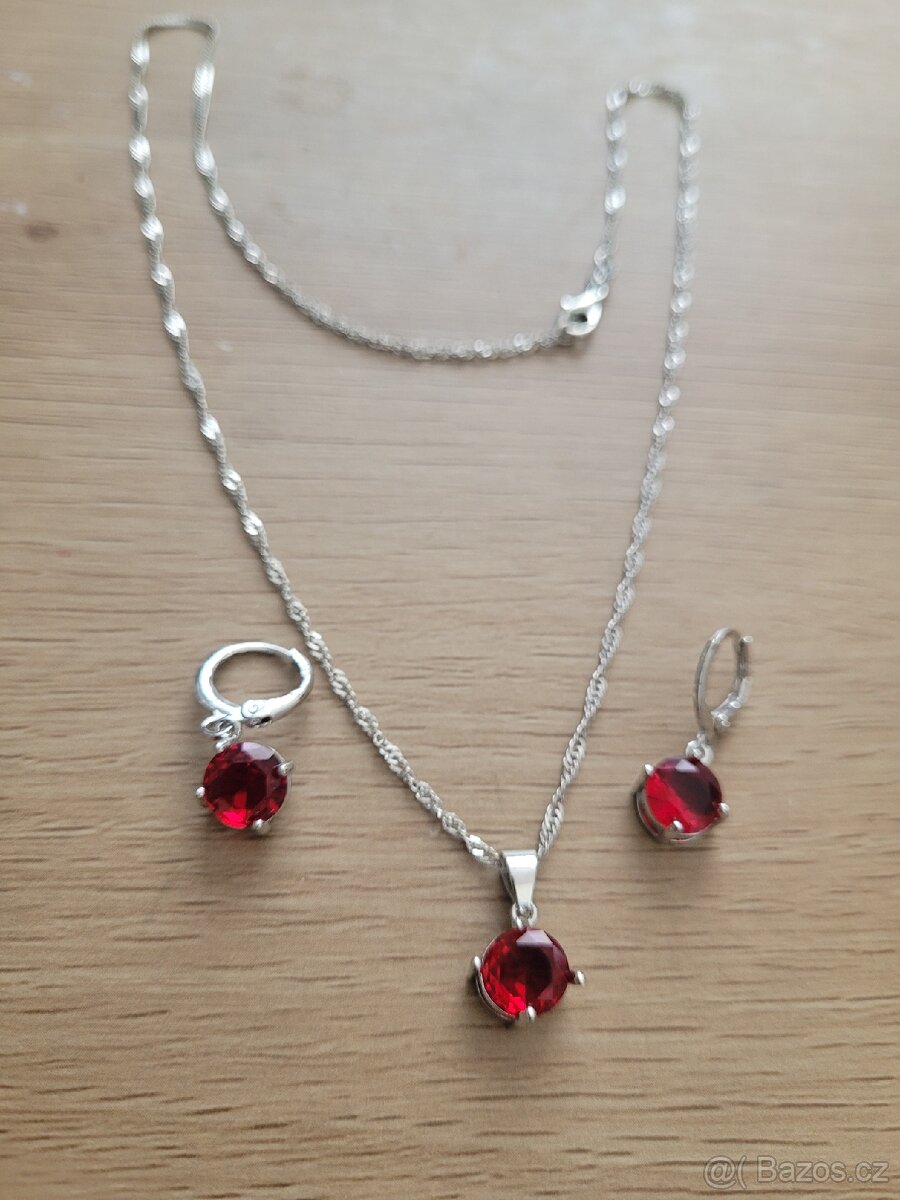 Nová dámská stříbrná červená sada šperků - 4