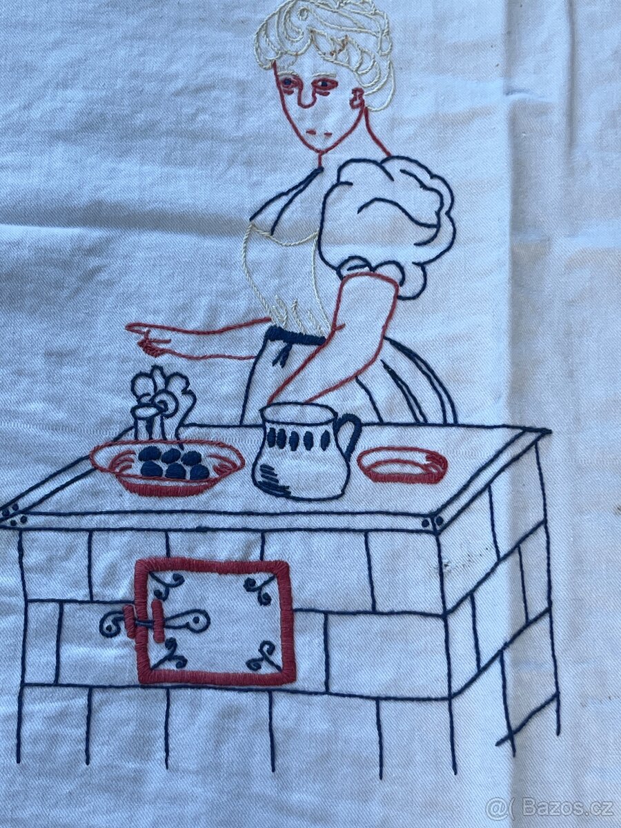 Staré vyšívané ubrusy, háčkované dečky a gobelínový přehoz - 4