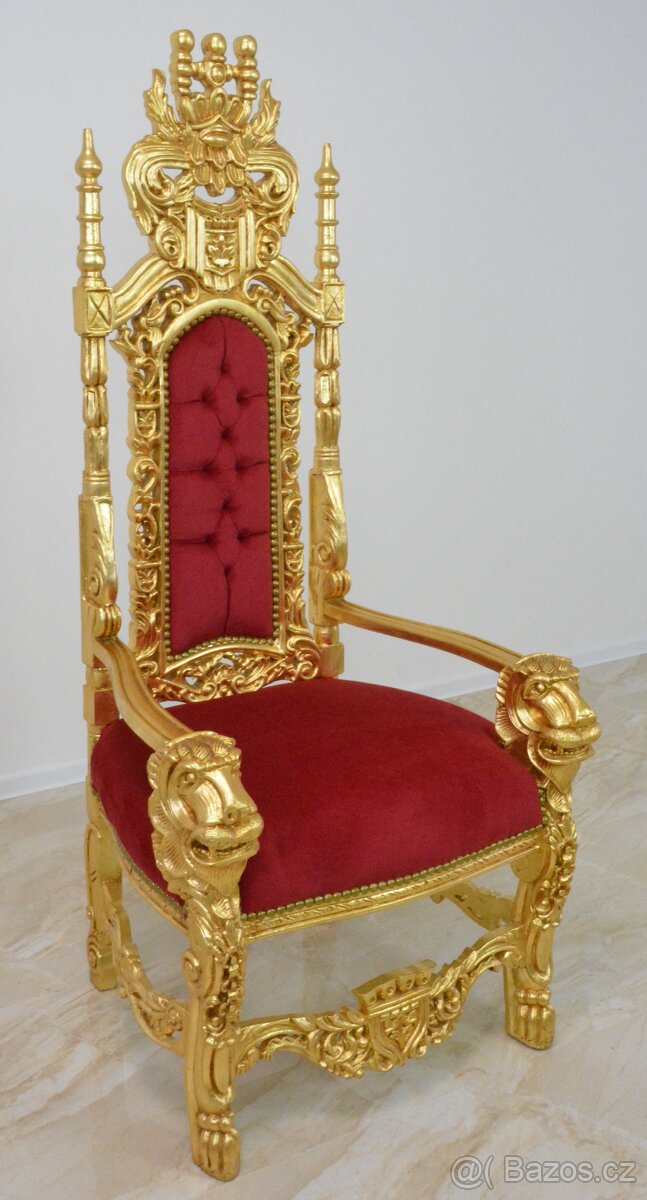 Zámecký řezbovaný trůn - čalouněný - masiv - 4