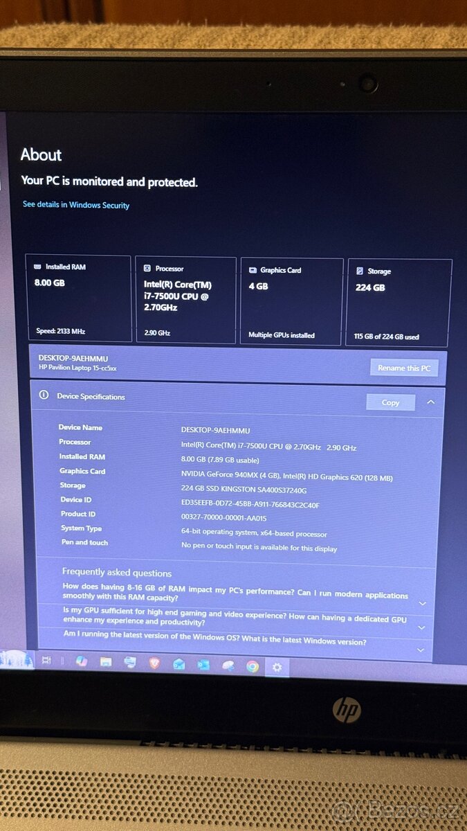 HP Pavilion 15” i7 256GB 8GB RAM - 4