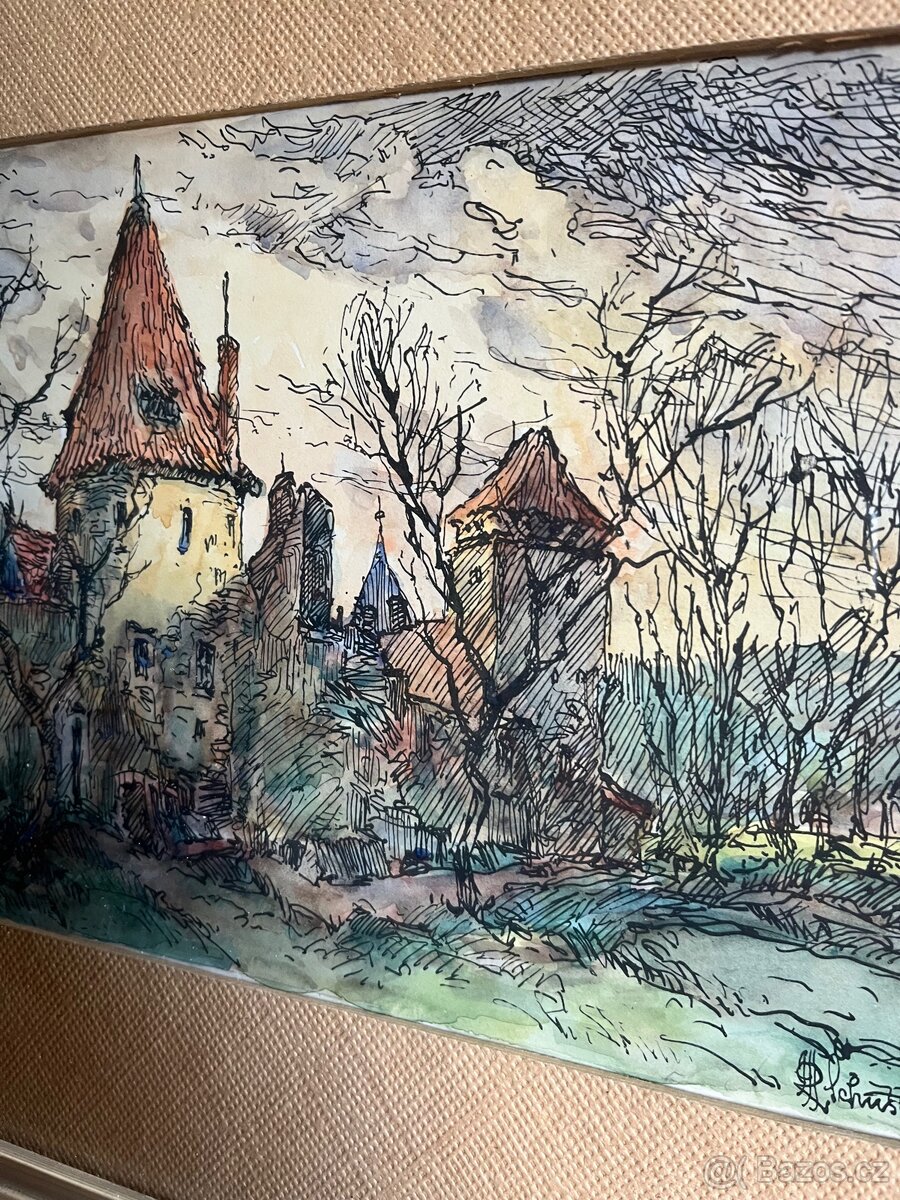Originální Kresba/Akvarel Hradní Věž Schuster '94 - 4