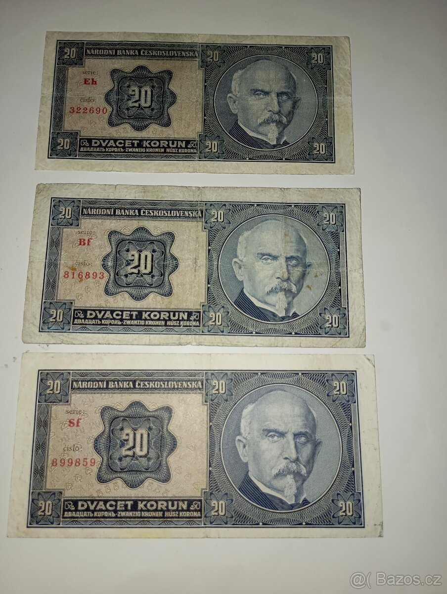 BANKOVKY 20 KČS 1926, NEPERFOROVANÉ, RŮZNÉ SÉRIE - 4
