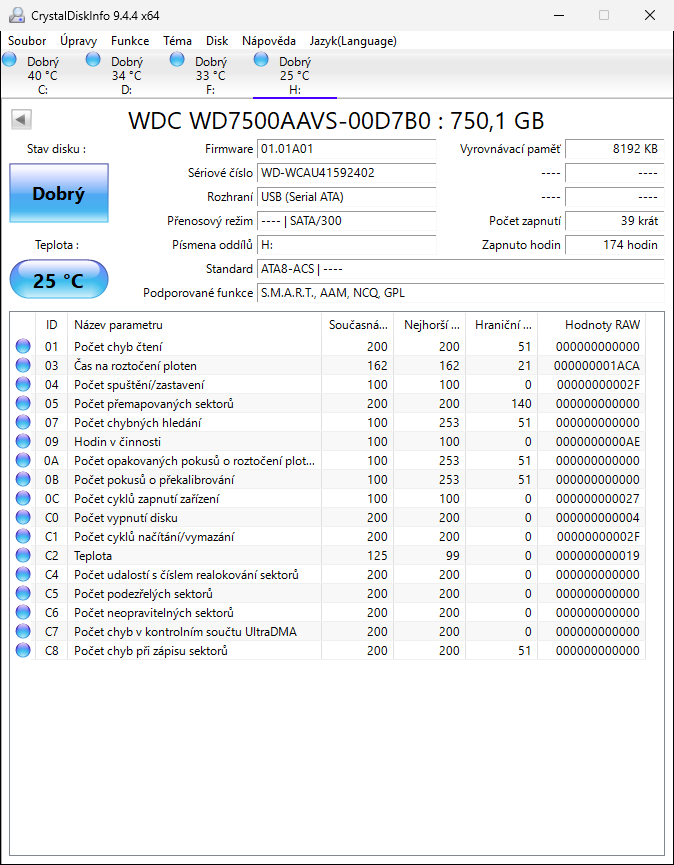 Externí disk 3,5" 750GB, natočeno jen 174 hodin, USB - 4