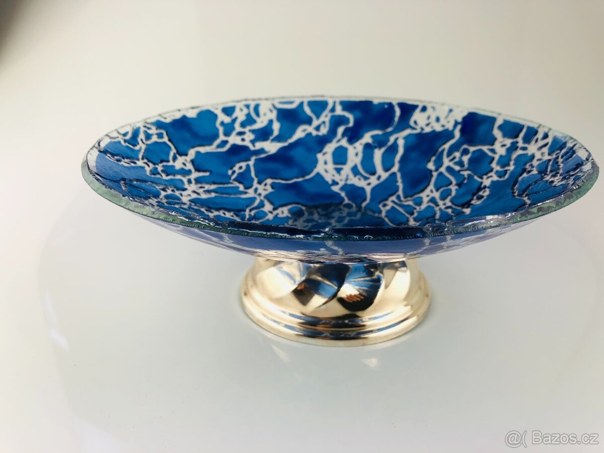 Modrá skleněná umělecká mísa na kovovém podstavci (NP012) - 4