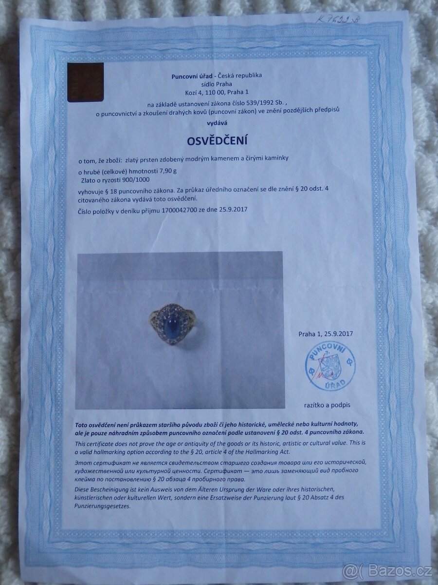 Starožitný zlatý 21,6K prsten se safírem a diamanty. - 4