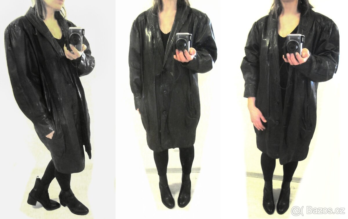 Vintage dlouhá černá kožená dámská bunda / kabát - 4
