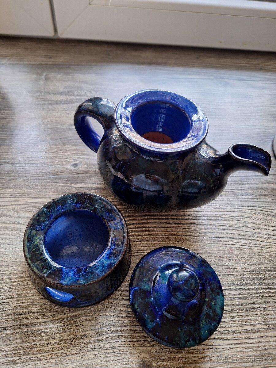 Čajová konvička s cedníkem, ohřívačem a hrnečkem, keramika - 4