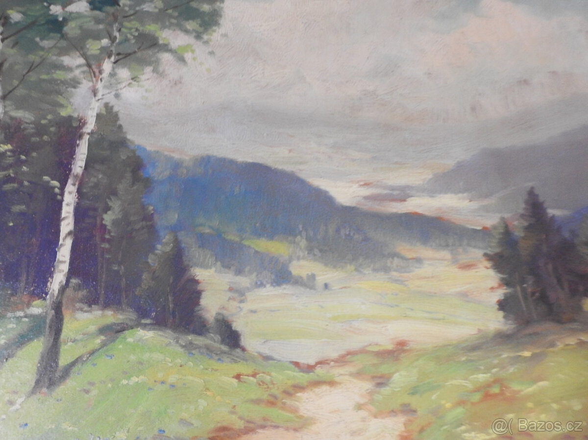 Starožitný Obraz olej pohled do udolí - 4