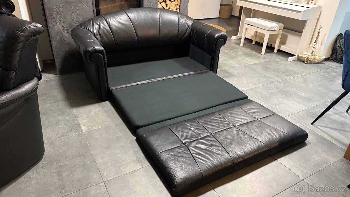 Kožená rozkládací dvoj sedačka - černá - 4