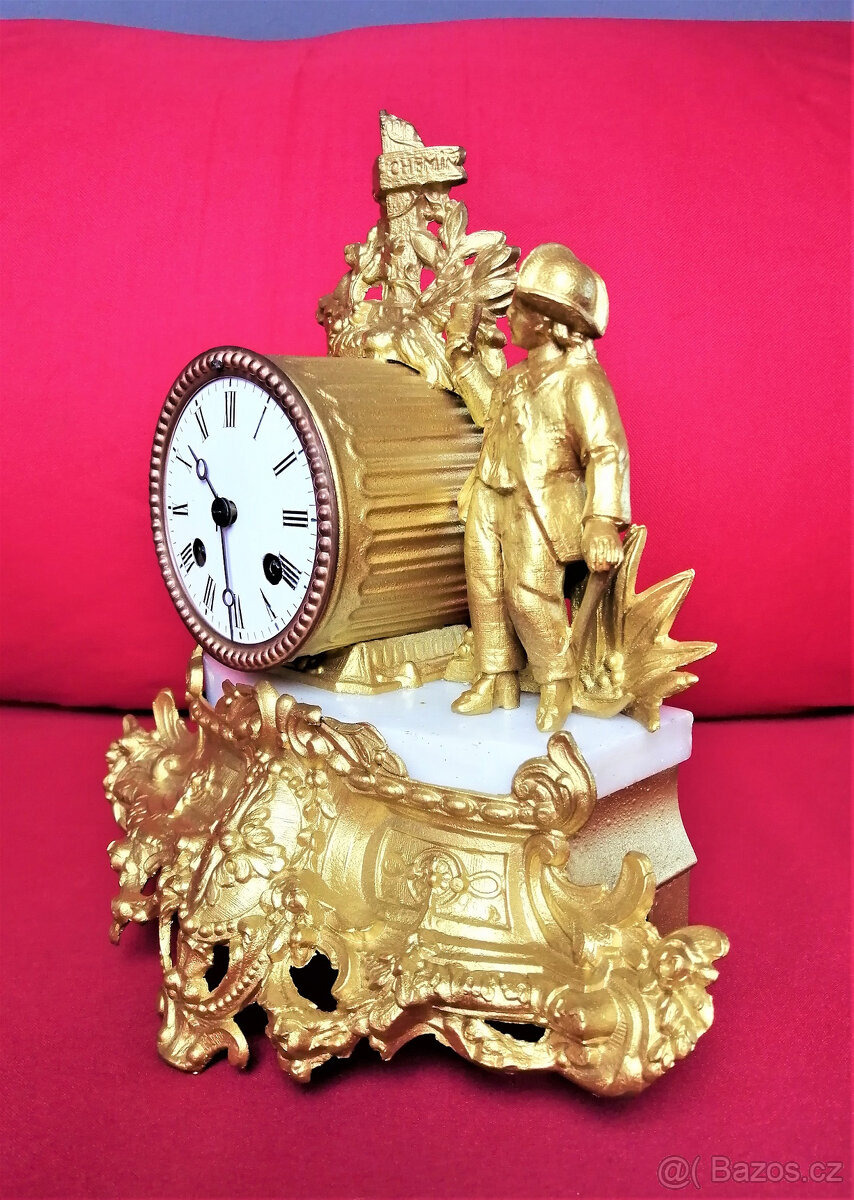 Starožitné zlacené krbové figurální hodiny, Francie 1870 - 4
