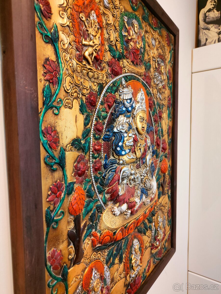 Tibetské drevo bronzová maľba - Thanka - 4