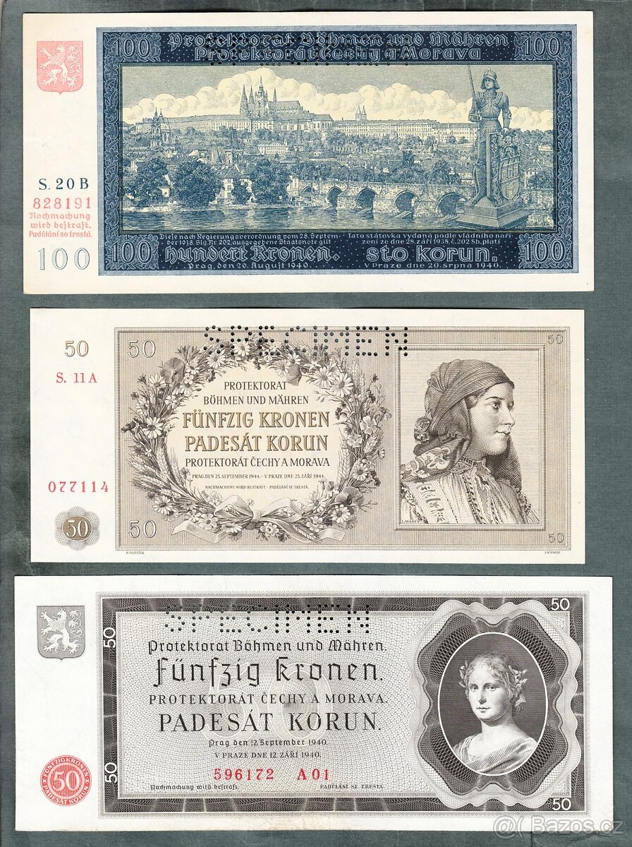 Staré bankovky PROTEKTORÁT KOMPLET SESTAVA pěkný stav - 4
