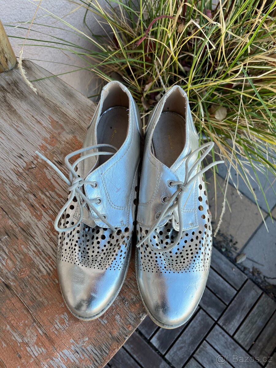 Originální kožené vintage stříbrné polobotky, vel. 41 - 4