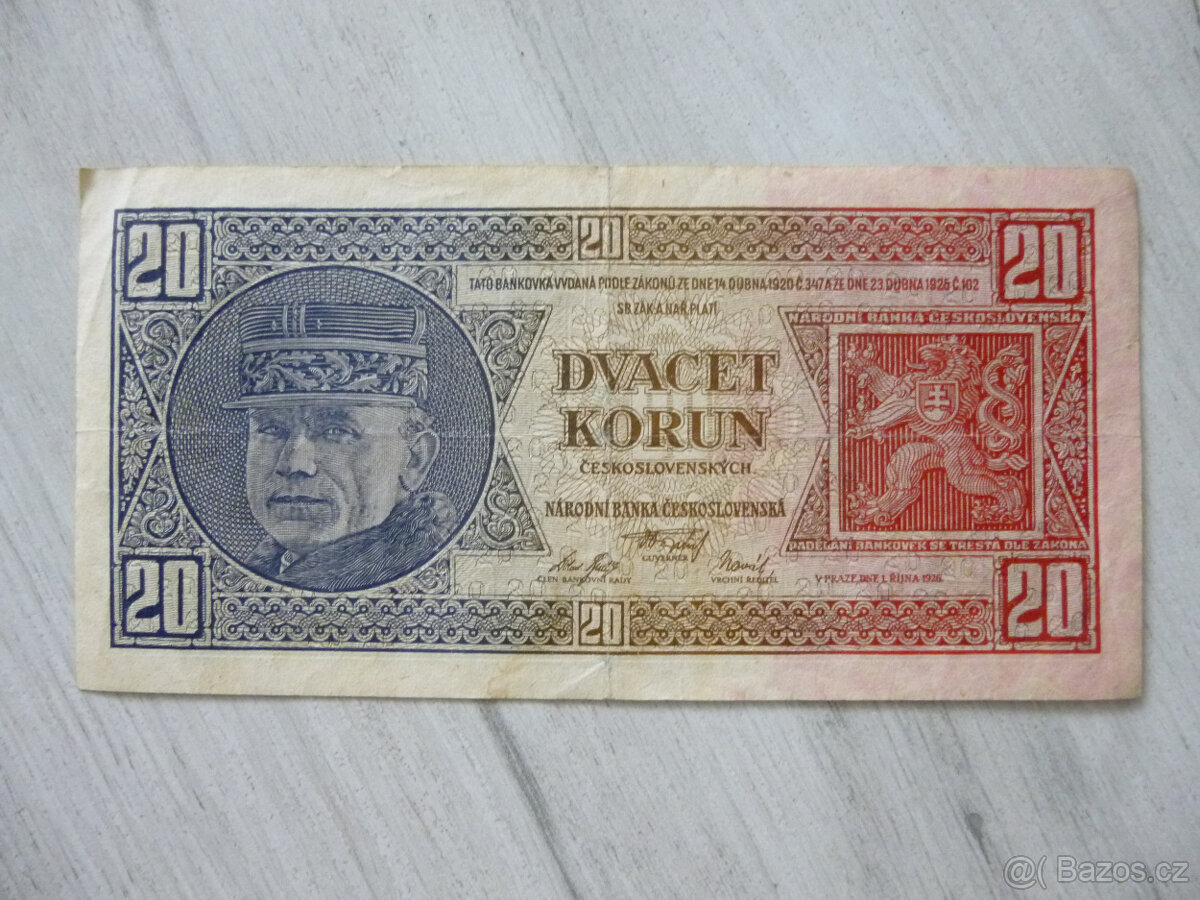 Stará BANKOVKA 20 Kčs, RAŠÍN/ŠTEFÁNIK r. 1926 série Uf - 4