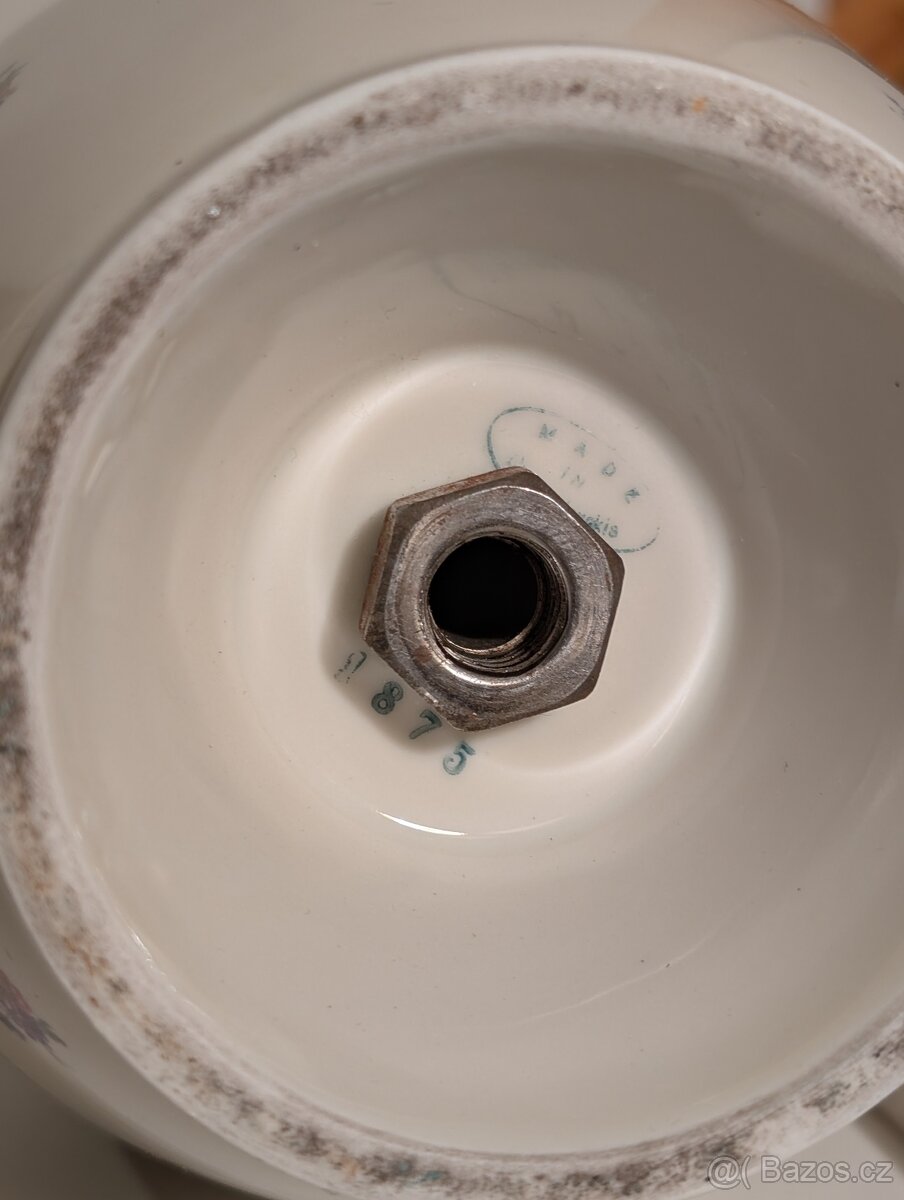 porcelánová stará malovaná lampička, látkové stínidlo - 4