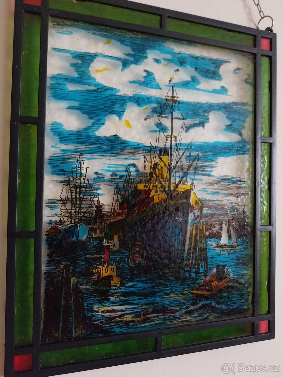 Starší skleněná vitráž do okna, sklo a kov - 4