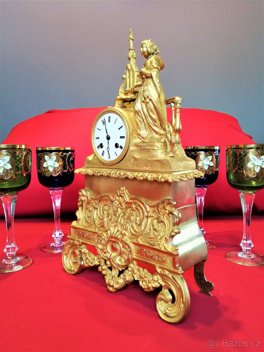 Starožitné empírové krbové hodiny zlacené - 4