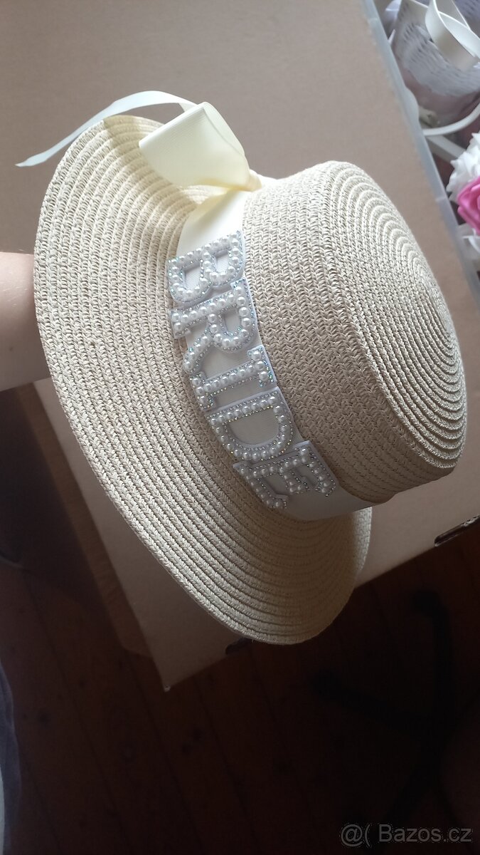 Bride klobouk - slaměný klobouk s mašlí a nápisem bride - 4