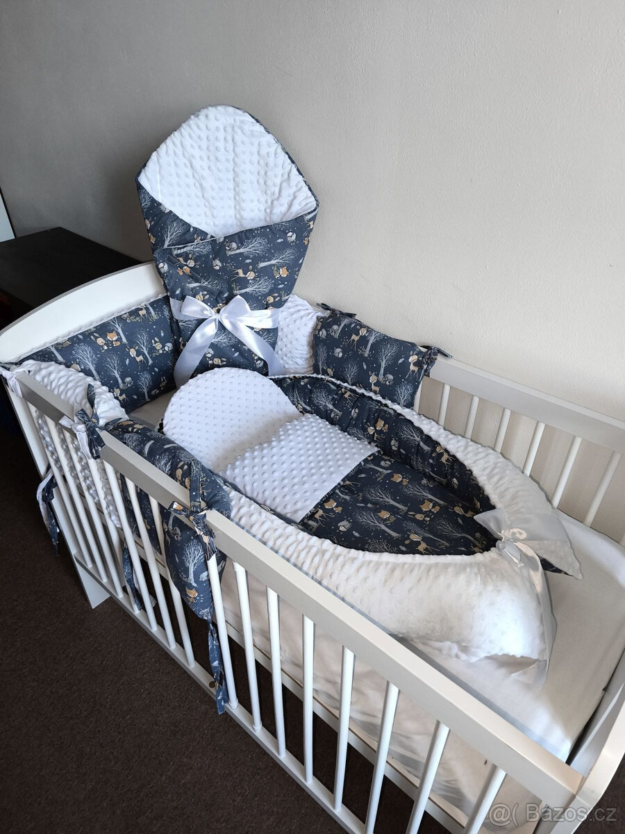 Nová souprava do postýlky lesní zbířátka na modré+minky - 4