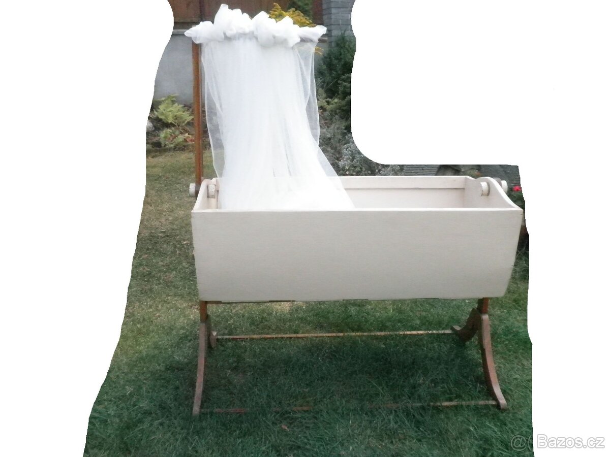 Kolébka dřevěná retro, slamníček a záclonka, 10 x foto - 4
