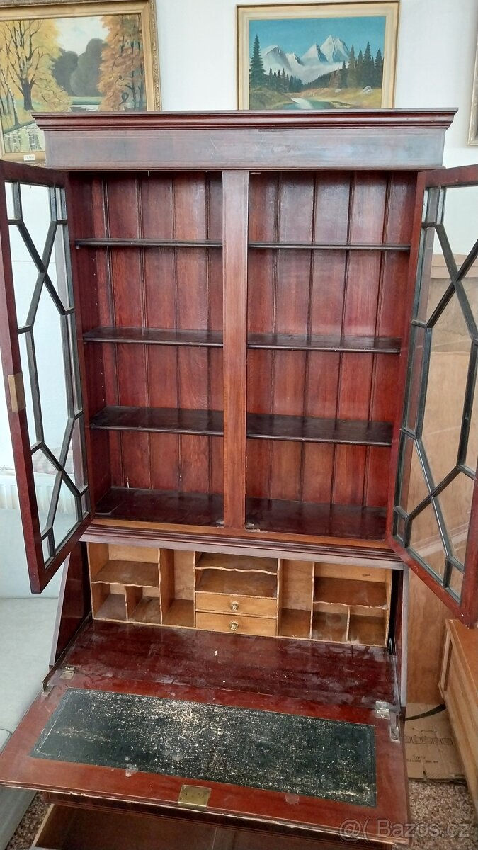 Tmavá komoda, vitrína nebo knihovna s pracovním stolkem - 4