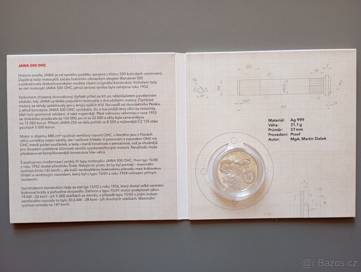 Stříbrná mince Na kolech - Motocykl JAWA 500 OHC proof - 4