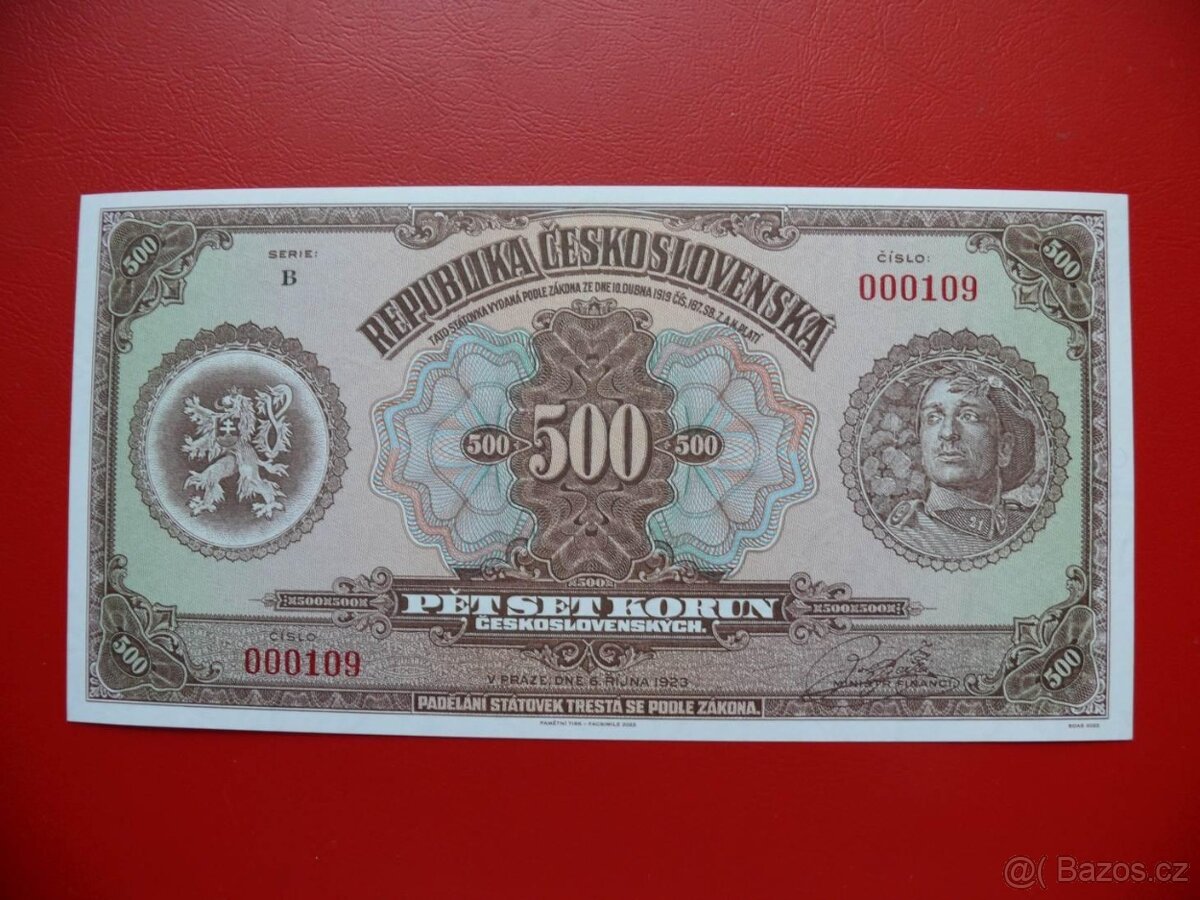 Bankovka 500 Kč emise 1923 hnědý legionář série A reprint 20 - 4