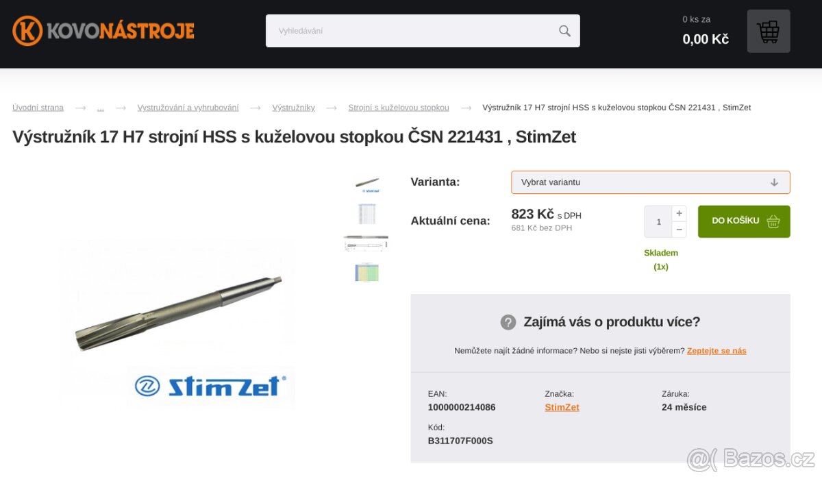 Výstružník 17 H7 strojní HSS s kuželovou stopkou ČSN 221431 - 4