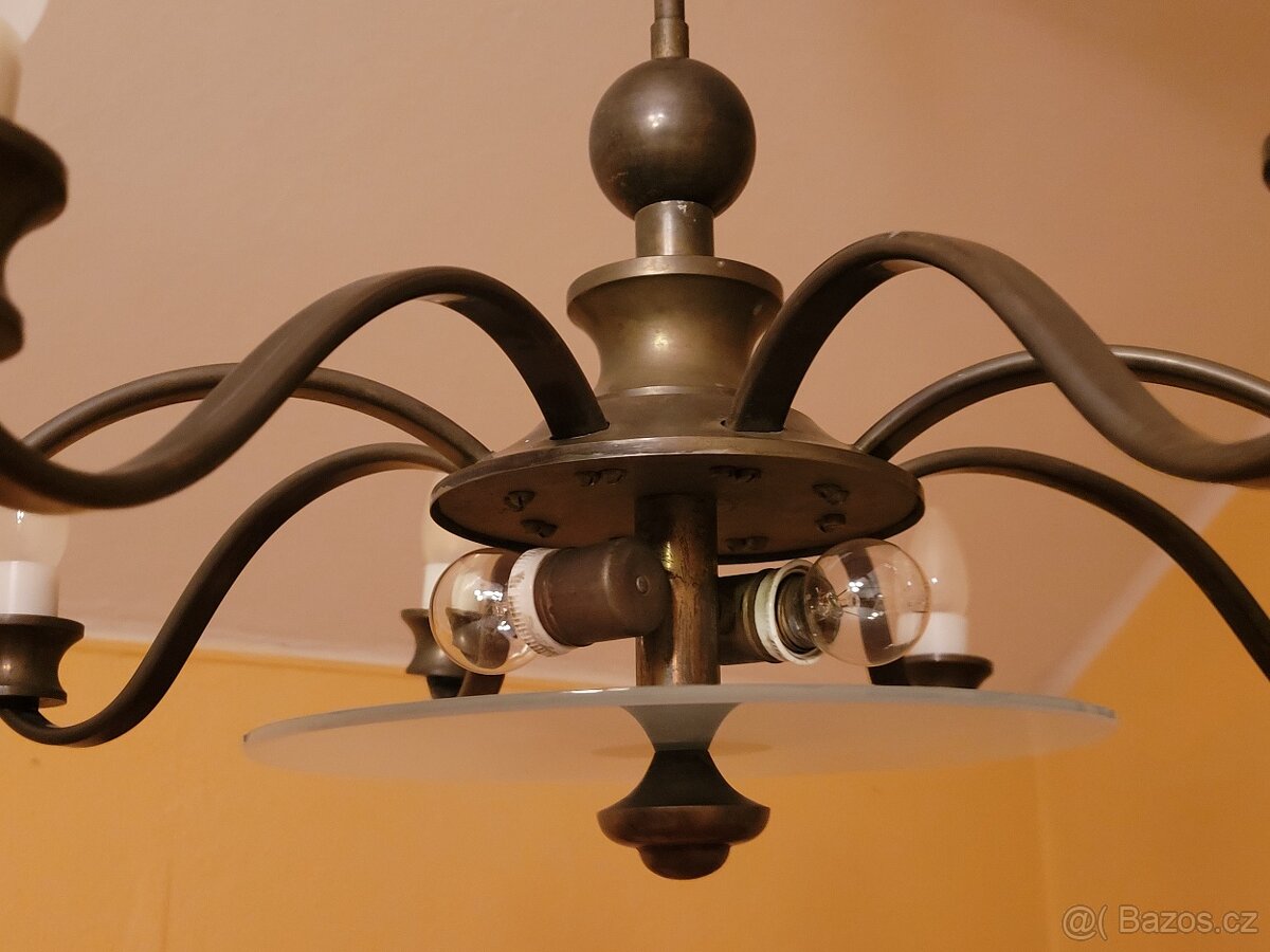 Art Deco 8mi ramenný lustr, středový skleněný širm - 4