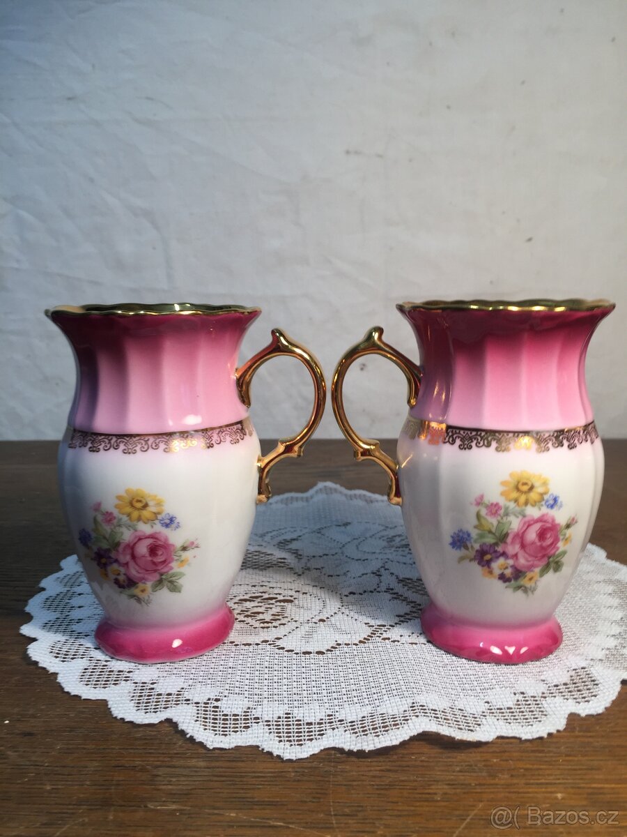 šálek pár růžový porcelán Slavkov neobvyklý tvar Top stav - 4