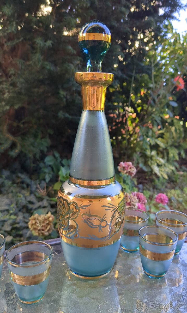 Likérová souprava - modro-zelené sklo se zlacením - 4
