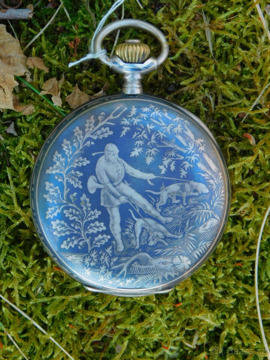Starožitné stříbrné tulové kapesní hodinky myslivecký motiv - 4