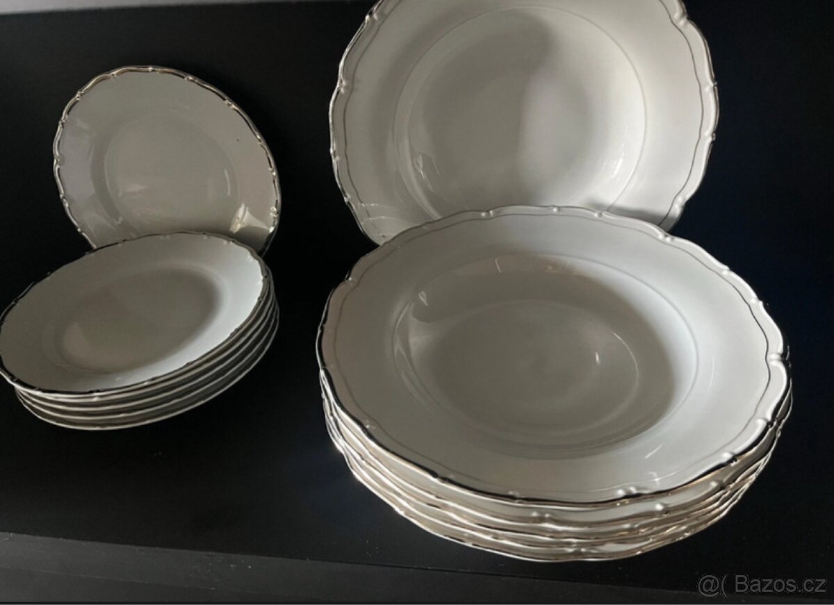 Sada talířů porcelán Stará role sváteční bílý stříbrný lem - 4