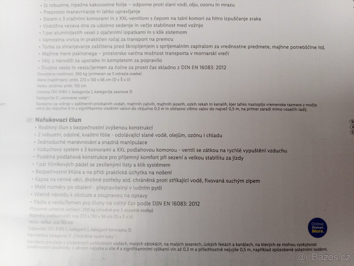 Nový nafukovací člun + 2 vesla, 272cm dlouhý, nosnost 260kg - 4