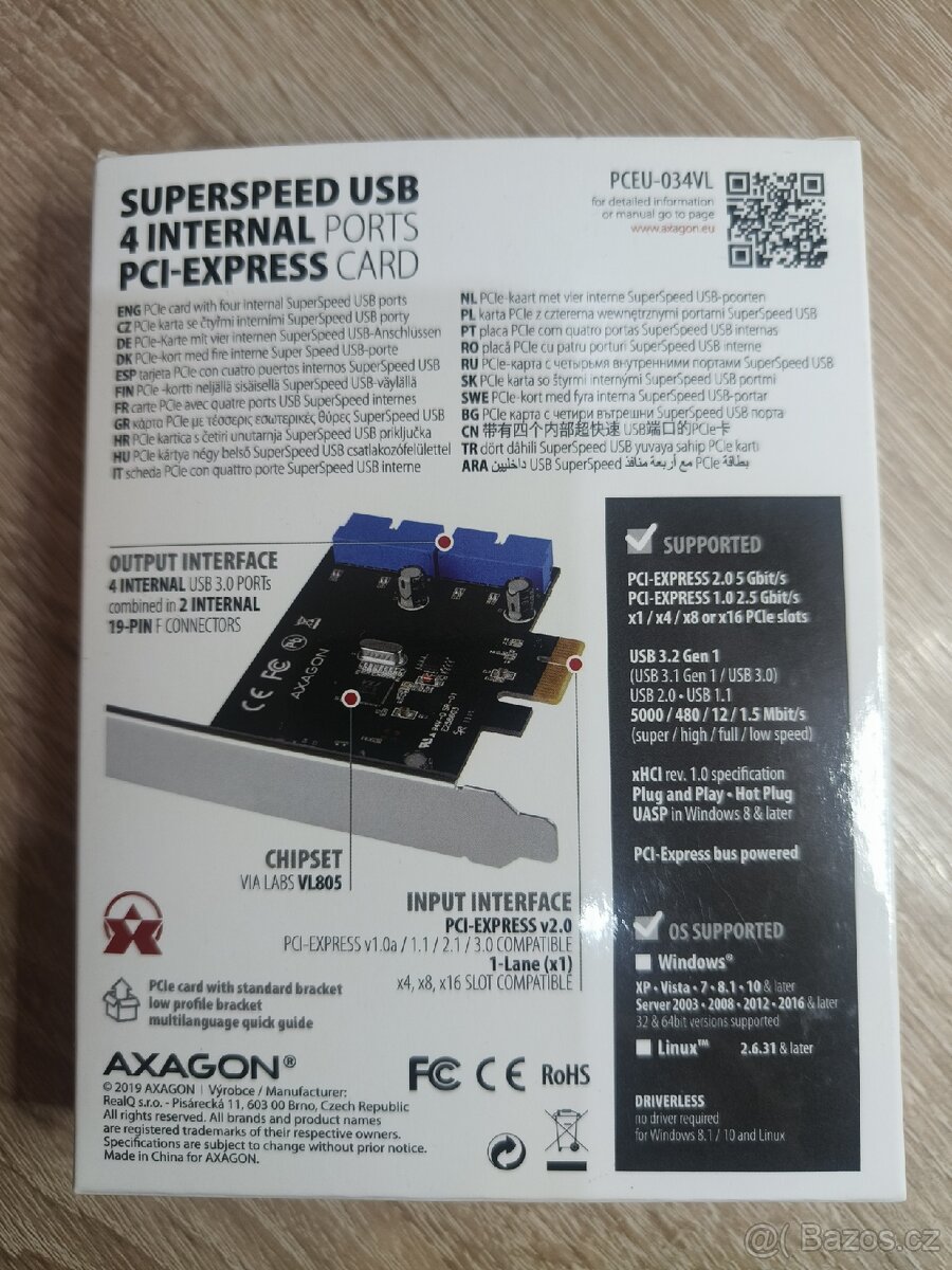 AXAGON PCEU-034VL, PCIe řadič, 2x interní 19-pin USB 3.2 - 4