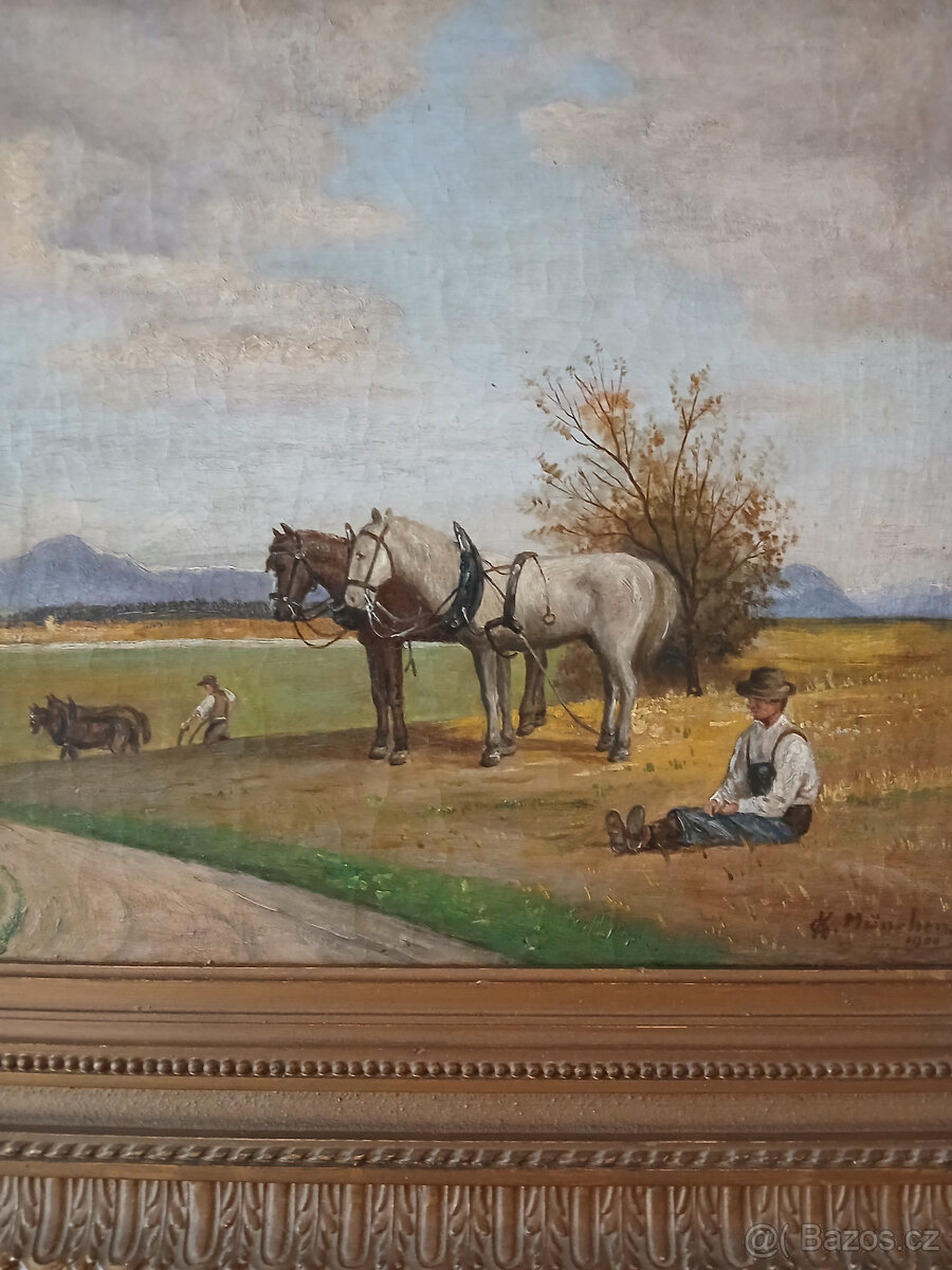 Starožitný obraz signovaný rok 1900 ze zadu štítek malíře. - 4