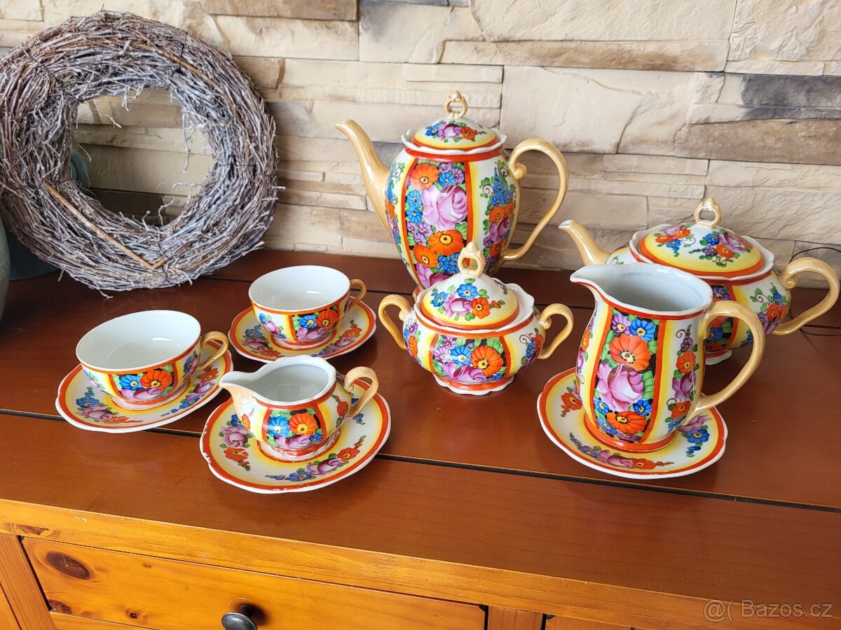 STAROŽITNÁ KOVOVÁ SOUPRAVA ART DECO- RUČNĚ MALOVANÁ - 4