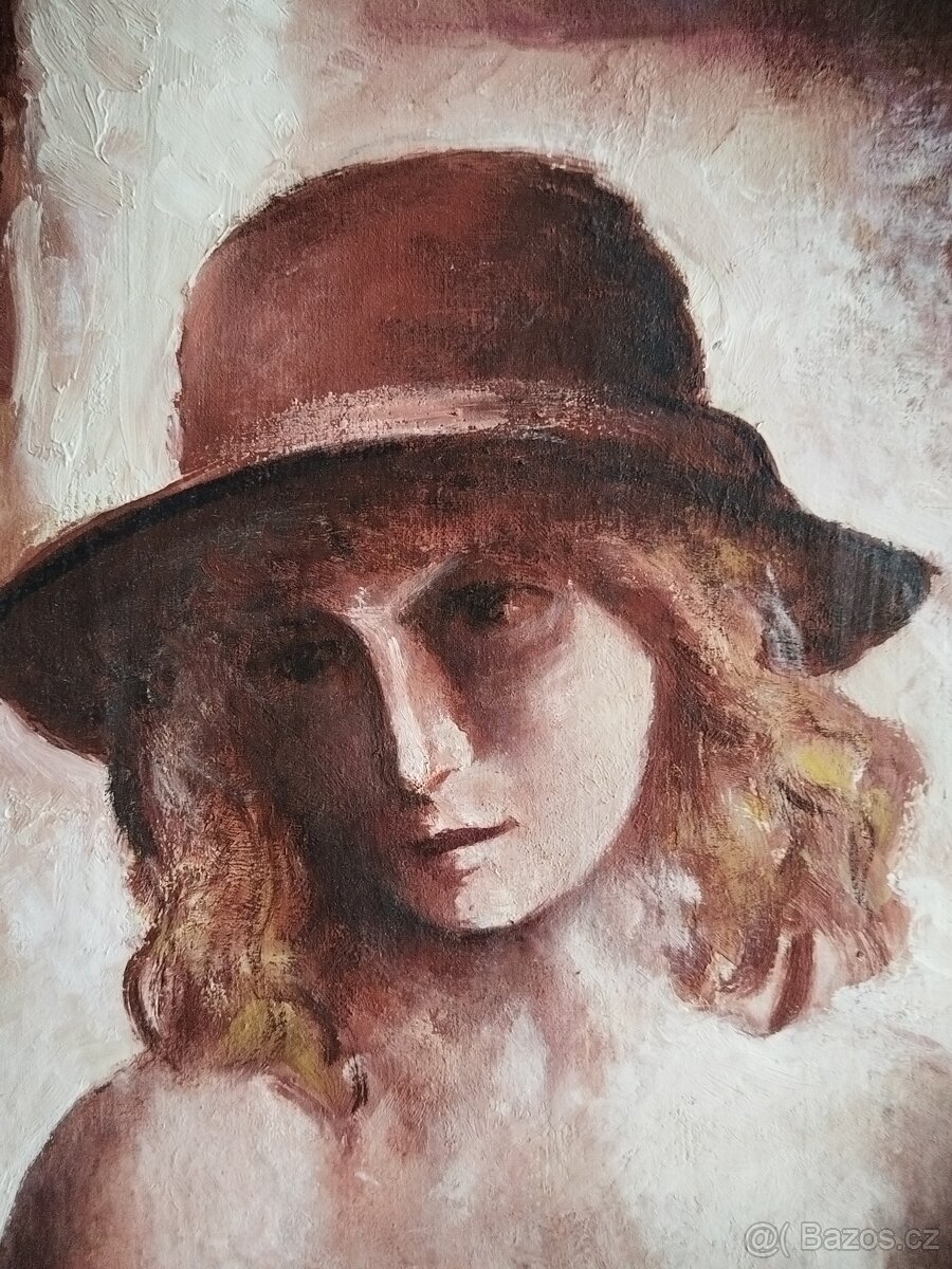 obraz DÍVKA V KLOBOUKU, akt, olej, nesignováno - 4