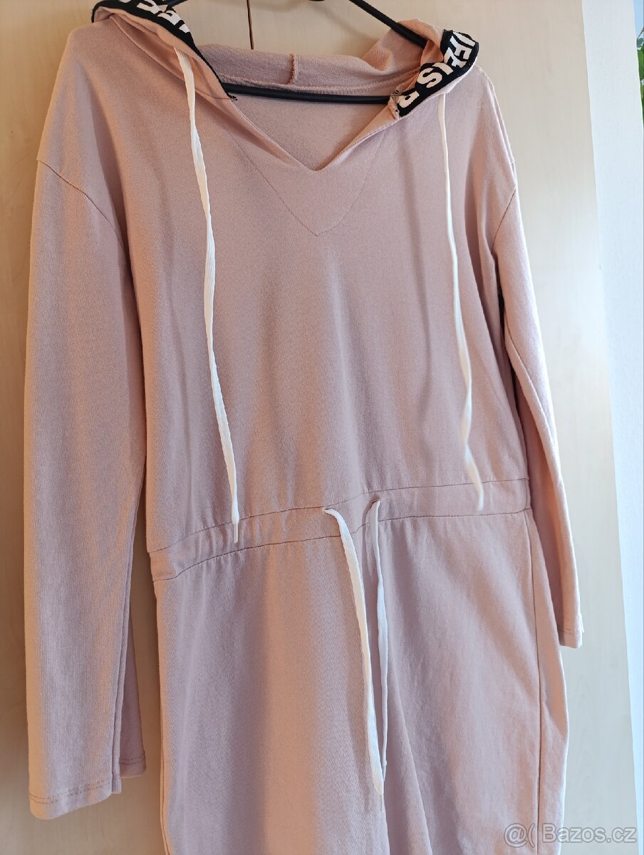 Světle růžové bavlněné šaty s kapucí /dlouhá mikina - 4