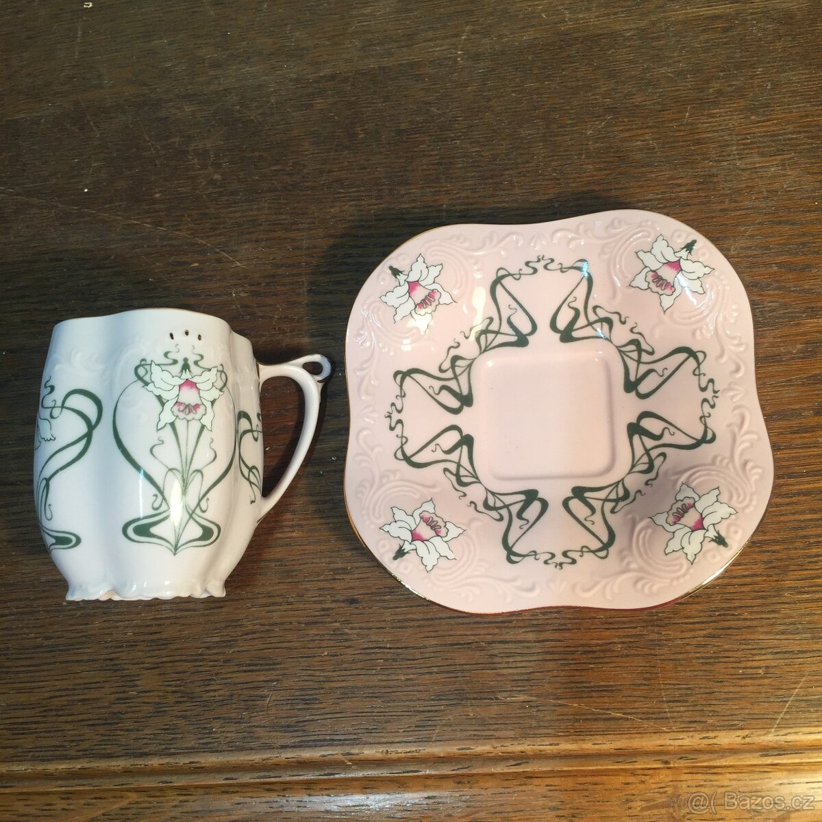 šálek růžový porcelán Chodov neobvyklý secesní dekor - 4