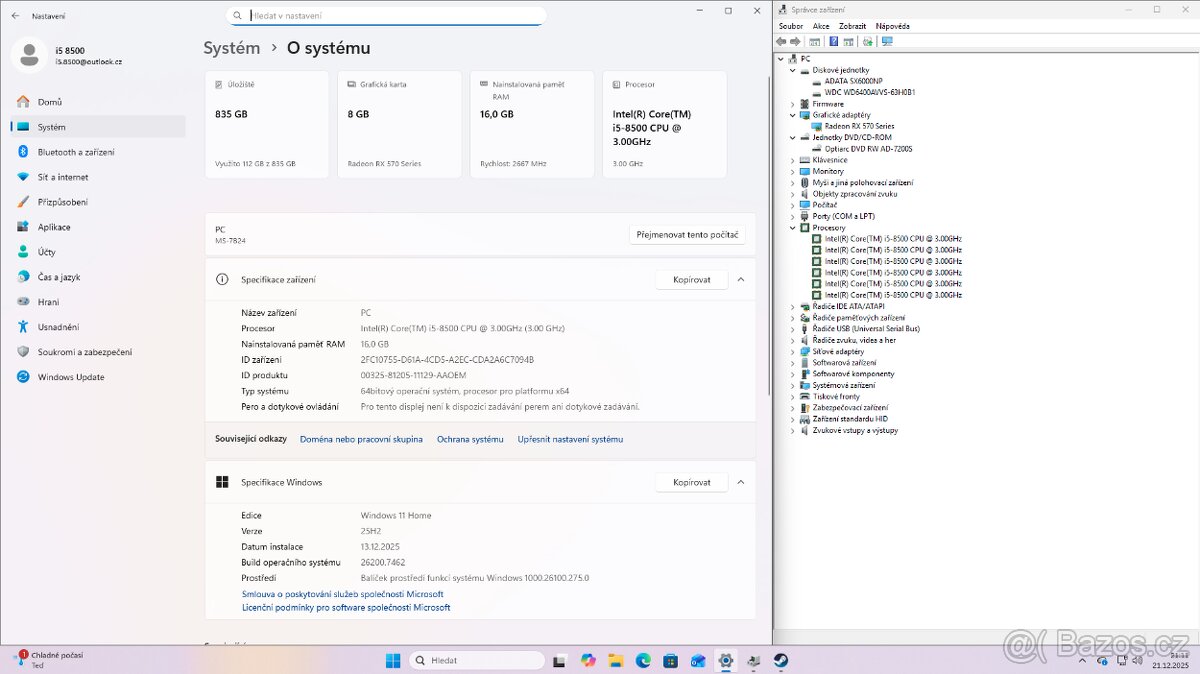Herní PC, I5 8500, 16GB RAM, RX 570 8GB, 256 M2.SSD + 650GB - 4