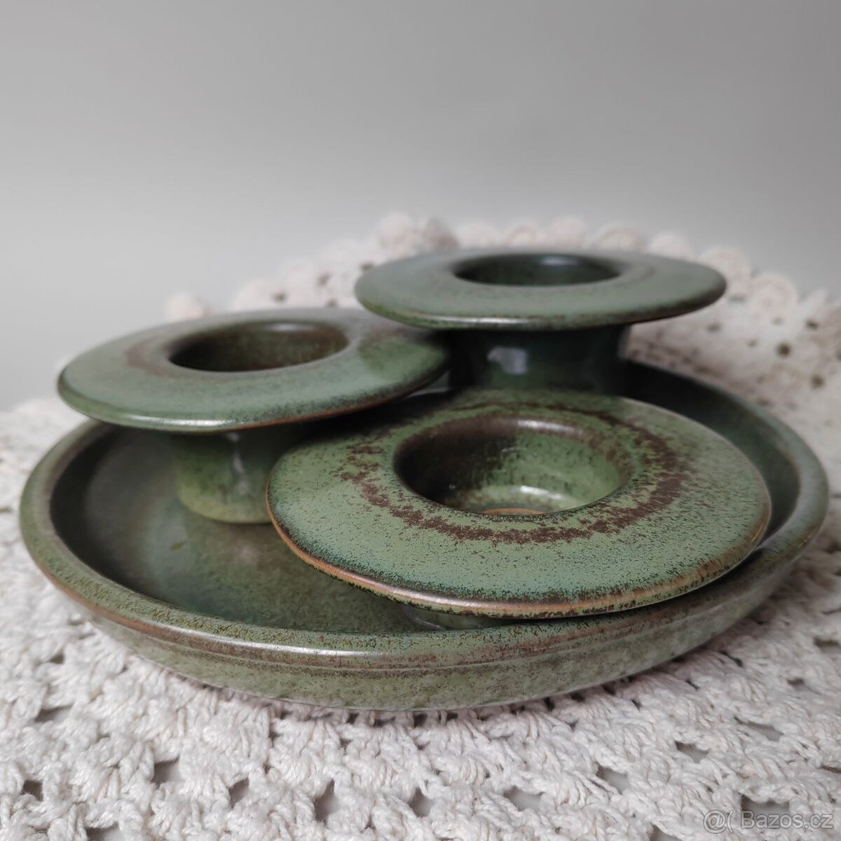 Celadon vintage zelený glazurovany keramicky svícen - 4